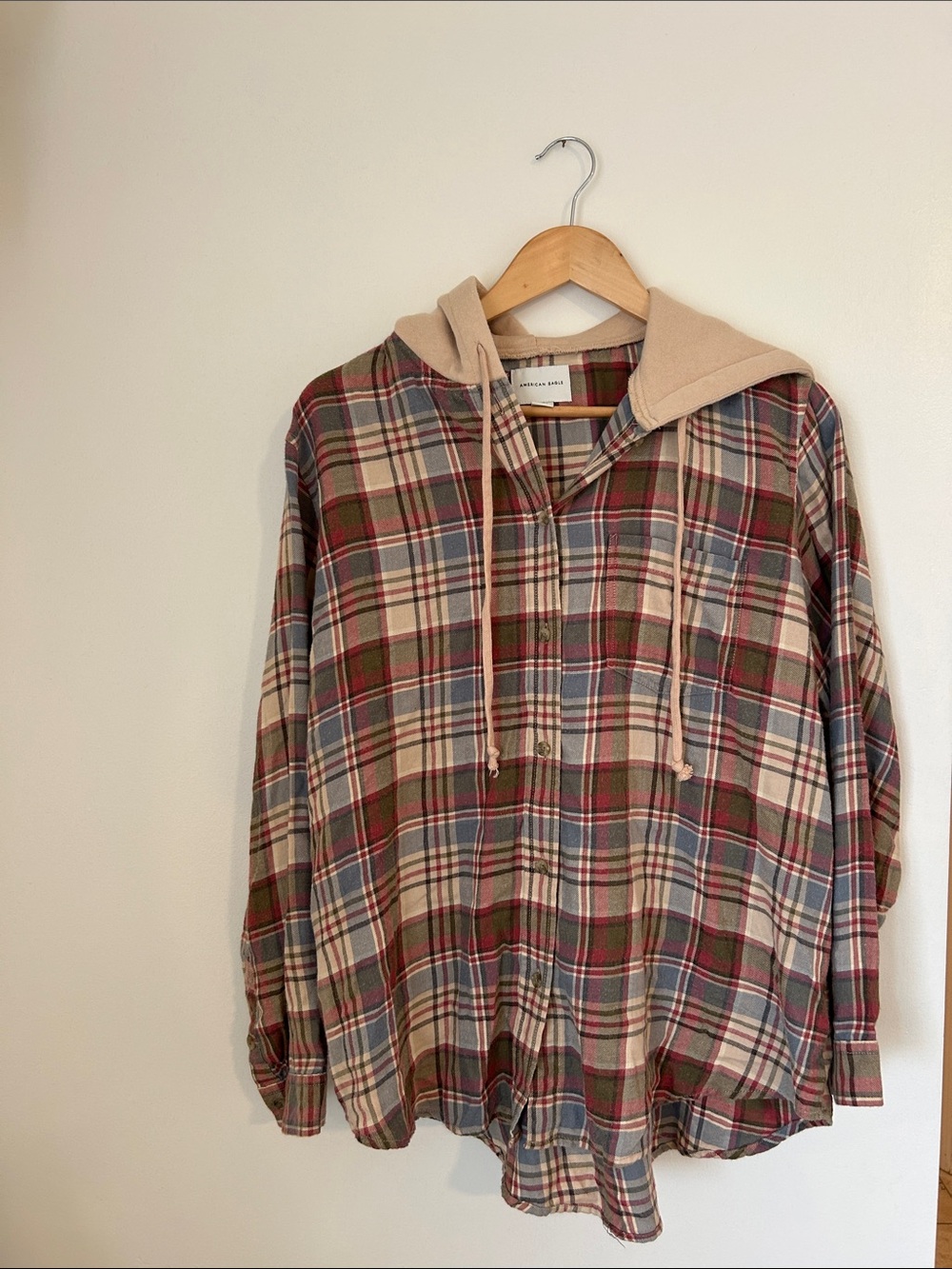 American Eagle Outfitters Plaid Button-Down Shirt with Beige Hood